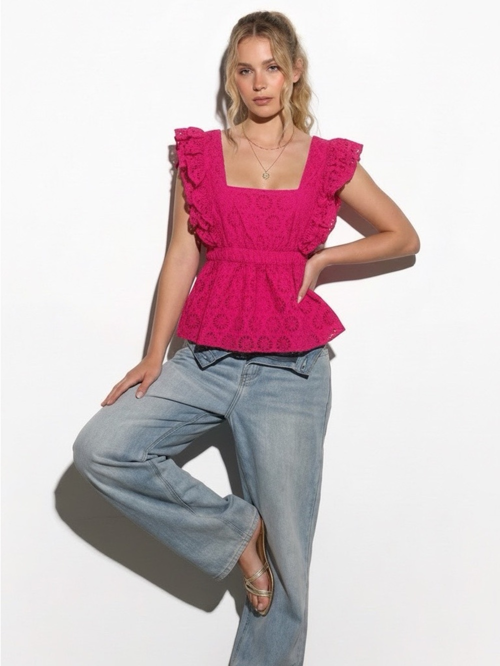 J. Crew Fuchsia Eyelet Ruffle Peplum Top